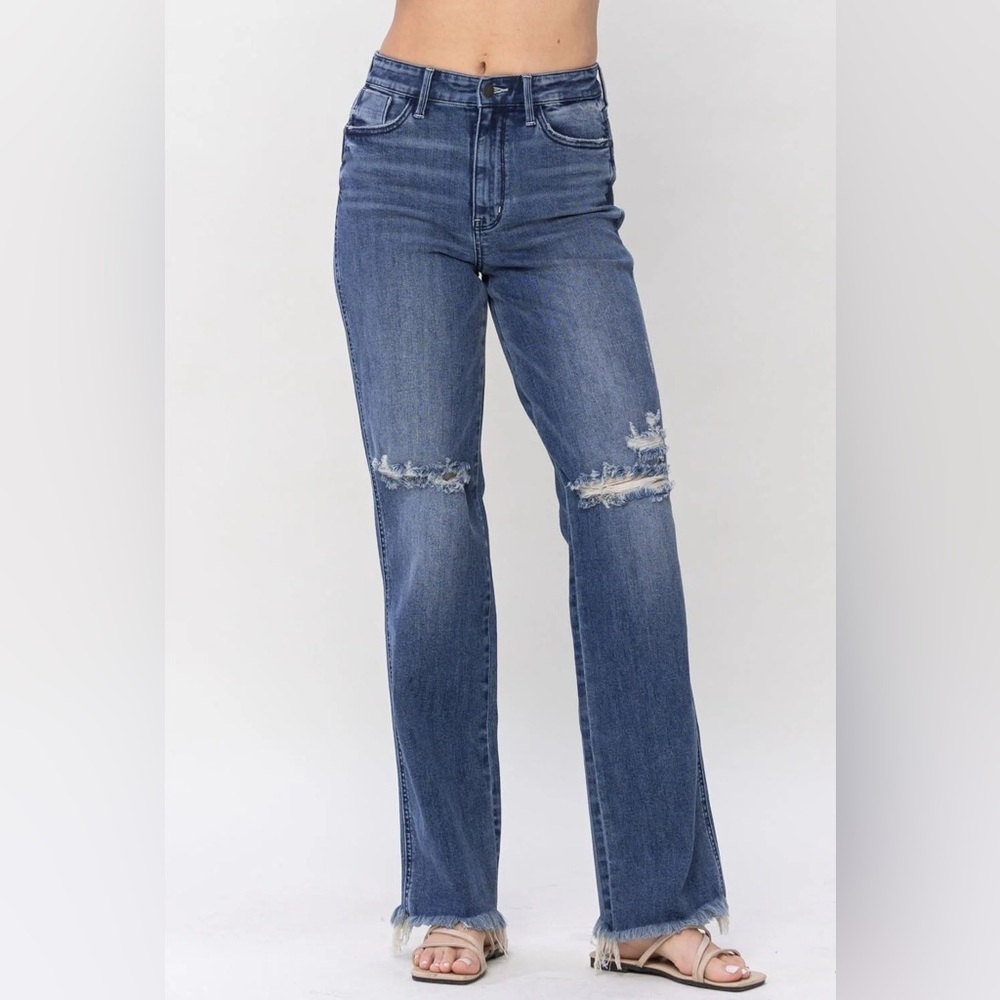 Judy Blue High Waist W/ Knee Destroy Straight Denim Jeans 82498 size 15/32 - Picture 2 of 9